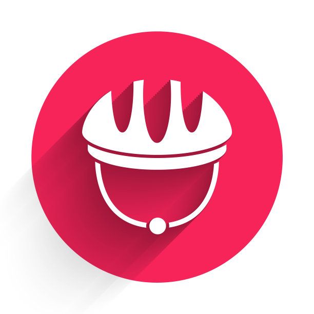 白色自行车头盔图标孤立与长影子。极限运动。运动设备。红色圆圈按钮。向量图片下载