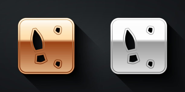 金和银人类脚印鞋图标孤立在黑色背景。鞋鞋底。长长的阴影风格。向量图片下载