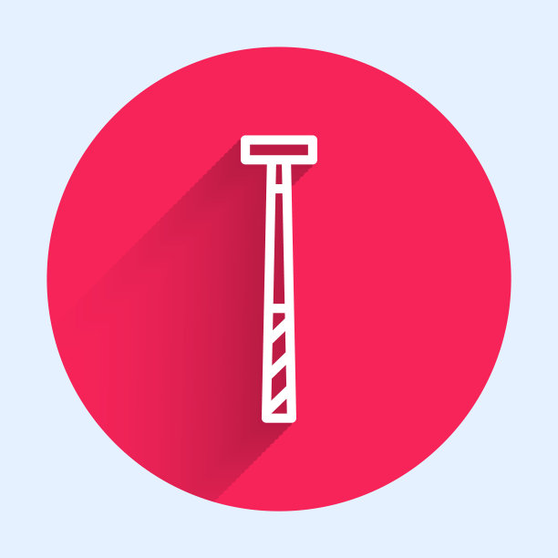 白色线台球杆图标孤立与长影子。红色圆圈按钮。向量图片下载