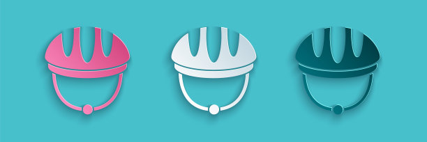 剪纸自行车头盔图标孤立在蓝色背景。极限运动。运动设备。纸艺术风格。向量图片下载