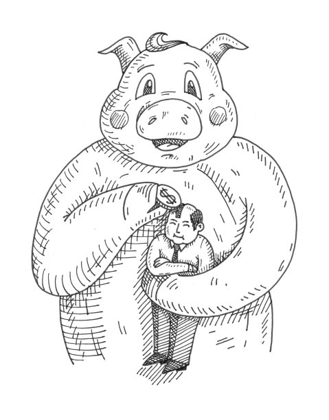 小猪抱着装满钱的存钱罐。复古单色孵化插图图片下载