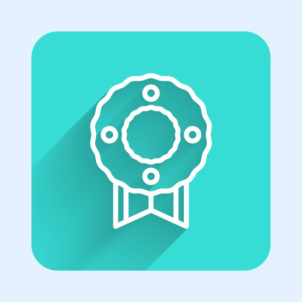 白线祭奠花圈图标孤立有长长的影子。葬礼仪式。绿色广场按钮。向量图片下载