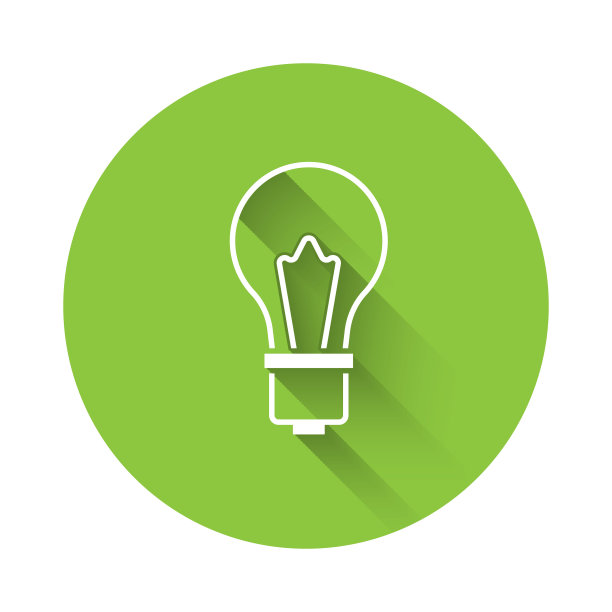 白光灯泡的概念概念图标孤立与长影子。能量和理念的象征。灵感的概念。绿色圆圈按钮。向量图片下载