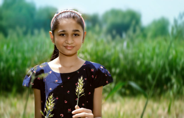 一个印度少女站在高粱地里看着镜头。图片下载