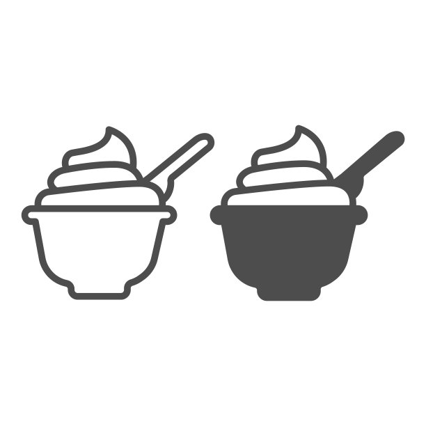 盘子的酸奶油与勺子线和固体图标，乳制品的概念，盘子与奶油标志在白色的背景，酸奶与勺子图标轮廓风格的移动和web。矢量图形。图片下载