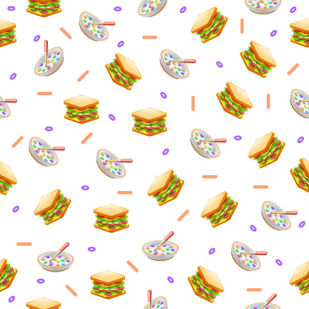 无缝图案抽象元素三明治和早餐麦片快餐矢量设计风格背景插图图片下载