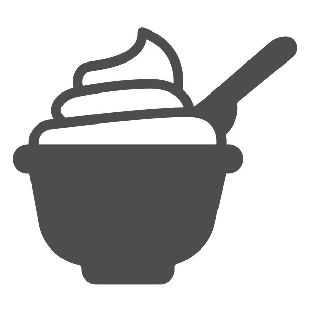 盘子酸奶油与勺子固体图标，乳制品的概念，盘子与奶油标志在白色的背景，酸奶与勺子图标在字形风格的移动和网络。矢量图形。图片下载