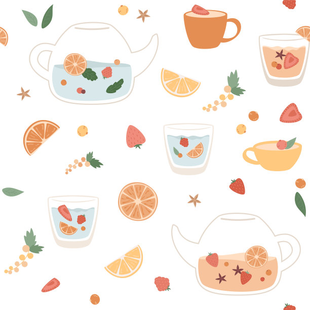 茶壶配草药和水果饮料。图片下载