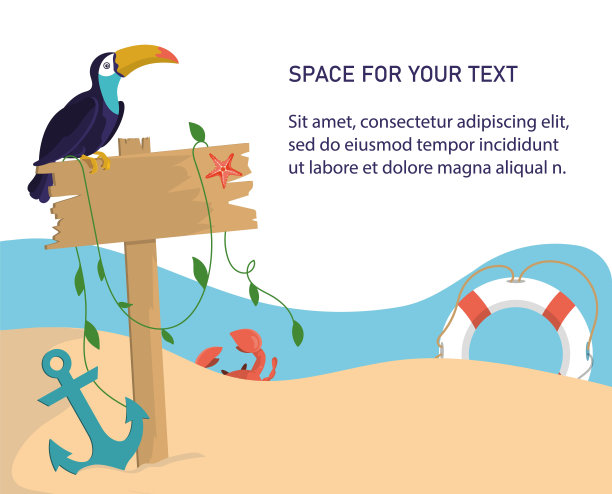 一只奇异的巨嘴鸟坐在海滩上的指示牌上。夏季设计与您的文本空间。海报，卡通风格的布局。向量,EPS 10。图片下载