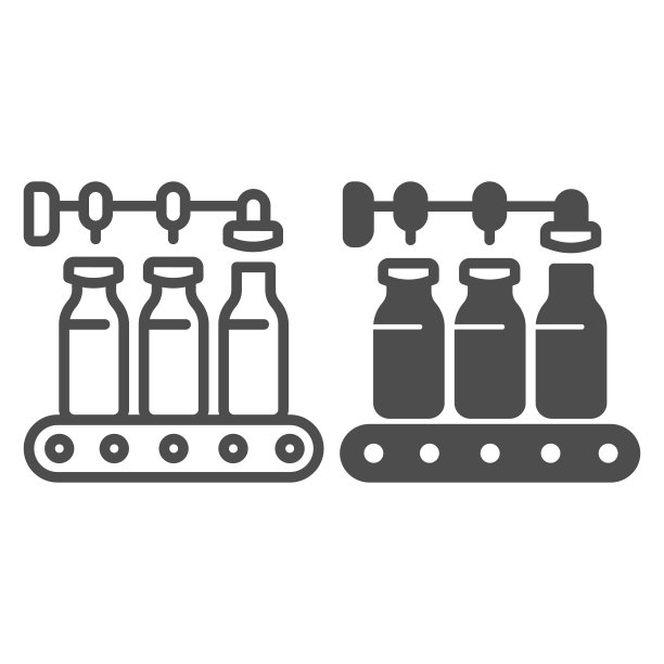 输送机与牛奶瓶线和固体图标，乳制品概念，装瓶线标志在白色的背景，倒牛奶工厂图标轮廓风格的移动概念，网页设计。矢量图形。图片下载