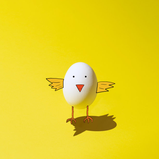 复活节概念黄色背景和一个白色的蛋。画了一只孵小鸡。图片下载