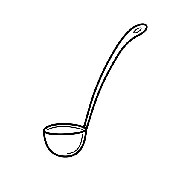汤勺手绘轮廓简单涂鸦风格矢量插图，厨具设计元素，线艺术炊具与长柄上菜图片下载