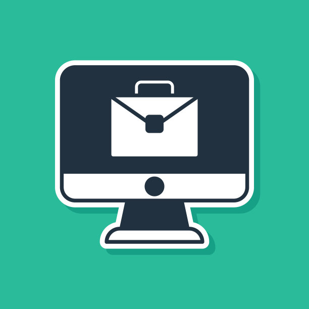 蓝色在线工作图标隔离在绿色背景上。一个在家里用笔记本电脑工作的自由职业者。远程工作。遥远的工作理念。向量图片下载