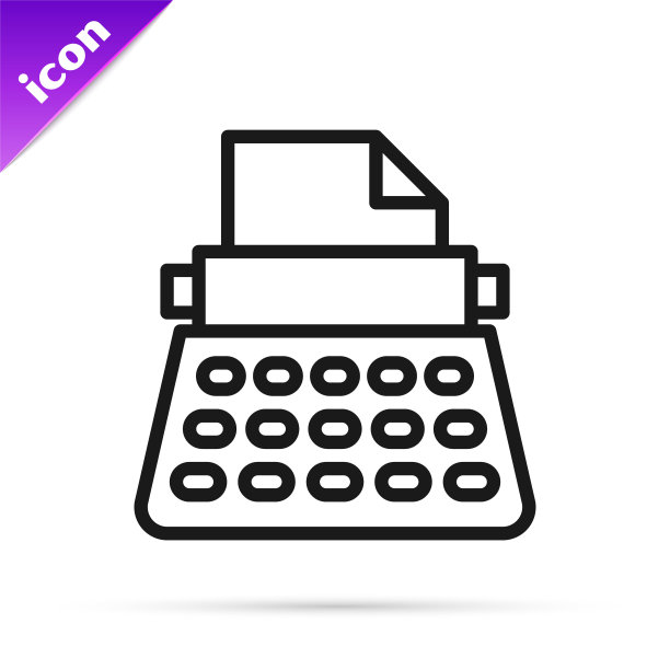 黑白线老式打字机和纸页图标隔离在白色背景。向量图片下载