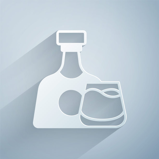 剪纸威士忌酒瓶和玻璃图标孤立在灰色背景。纸艺术风格。向量图片下载