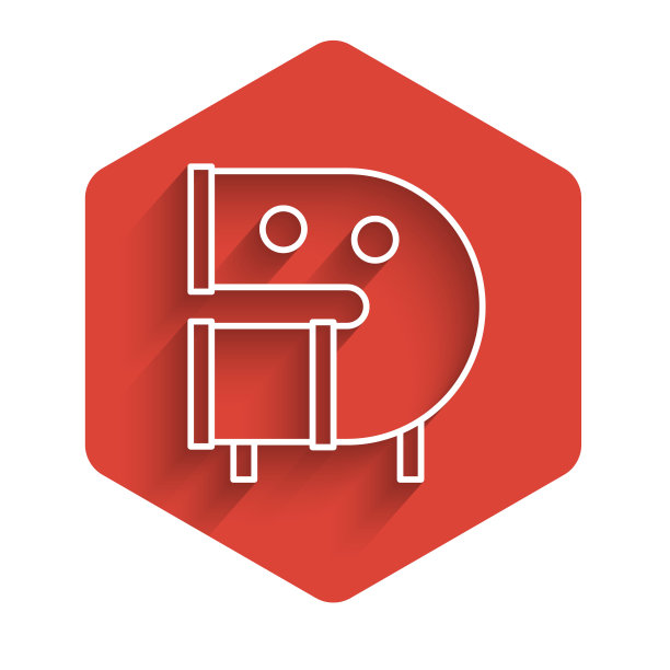 白色线儿童游乐场滑梯管道图标孤立与长影子。红色的六角按钮。向量图片下载