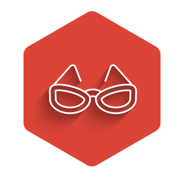 白色线眼镜图标孤立与长阴影。眼镜框的象征。红色的六角按钮。向量图片下载