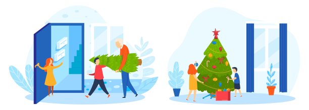 庆祝圣诞节，冬天的心情，人们花时间在一起，男孩，女孩装饰冷杉树，平面风格，矢量插图。图片下载