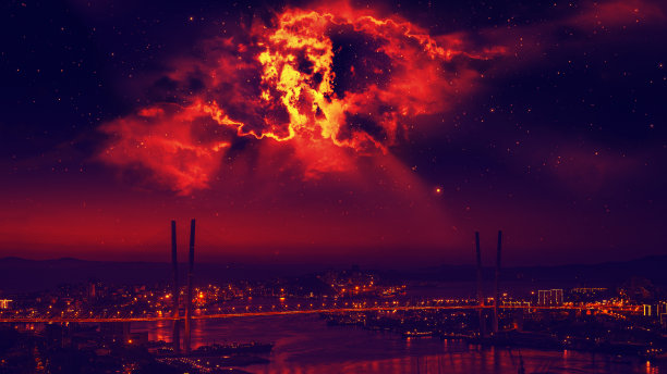 有星星和红色大星云的城市。图片下载