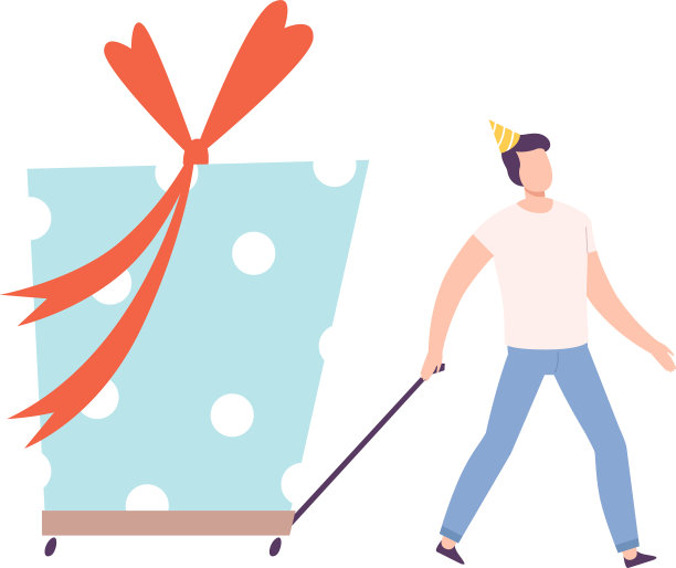 一个年轻人拉着手推车，里面装着一个巨大的小礼盒图片下载