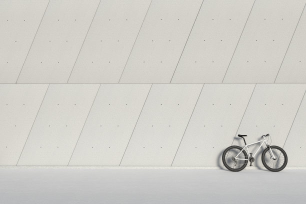 黑白山地车在工业建筑外面板墙前。3d渲染图片下载