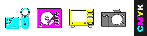 设置电影摄像机，乙烯基播放器，微波炉图片下载