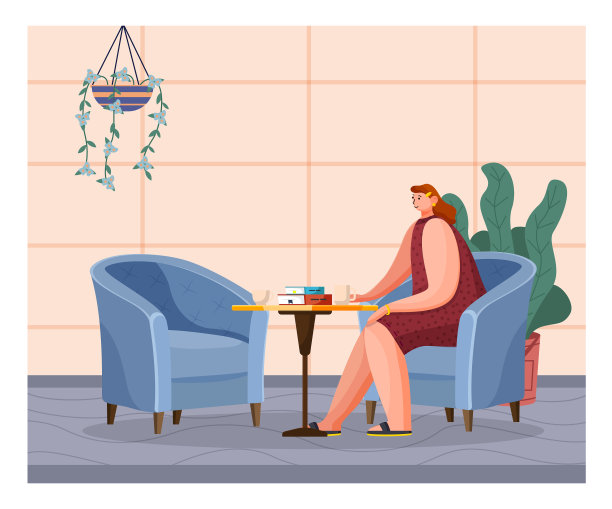 一个女人坐在咖啡馆里，旁边是舒适的扶手椅图片下载