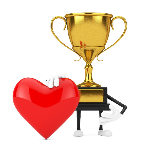 金奖得主奖杯吉祥物人物人物与红心。3d渲染图片下载