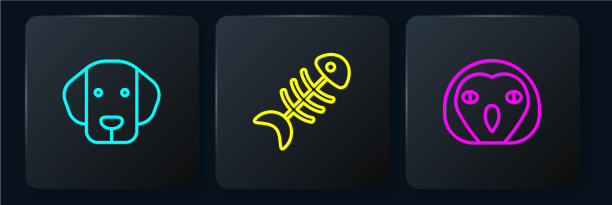 设线狗猫头鹰鸟和鱼骨架黑图片下载