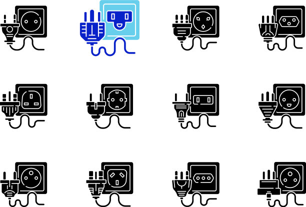 插座黑色象形文字图标设置在空白图片下载