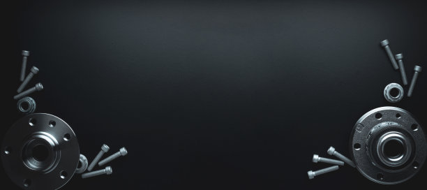 发动机齿轮。汽车机械备件或汽车件上的黑色旗帜背景。一套新的金属汽车零件。平铺，俯视图，拷贝空间。图片下载