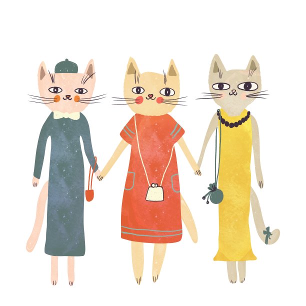 三只猫朋友穿着复古风格的插图印花连衣裙图片下载