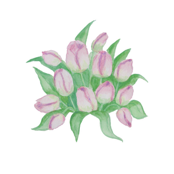水彩插图花，郁金香和花瓶。花束，春季植物。夏日作文，花园。图片下载