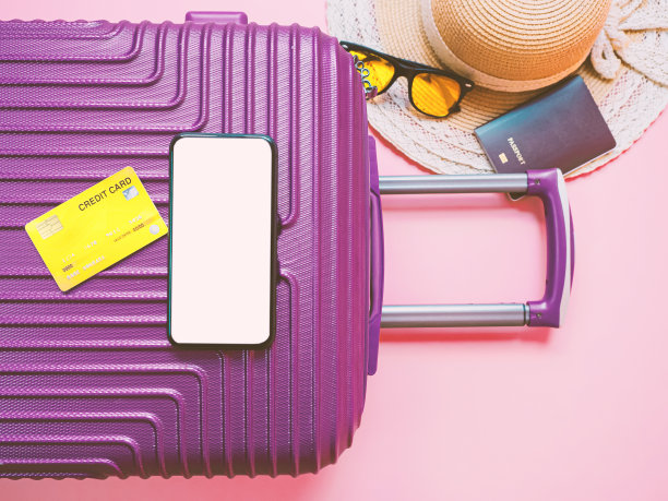 夏季旅游概念从信用卡和手提箱与夏季收集粉红色的背景。图片下载