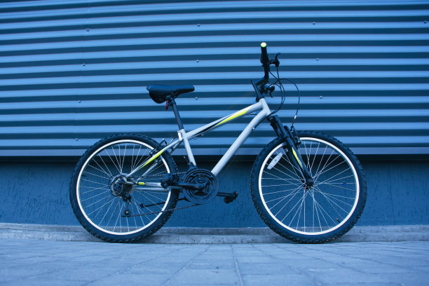 一辆山地车停在铺路板上，背景是一堵灰色的墙。图片下载