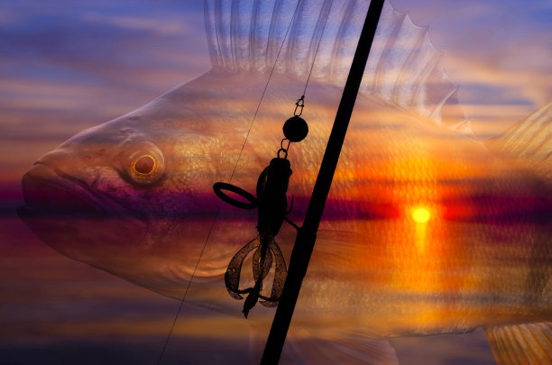 上钓鱼。在日落背景上的软焦点鲈鱼与诱饵剪影的棍棒照片拼贴。图片下载