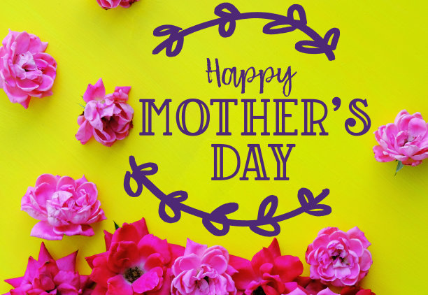 粉红色的玫瑰在黄色的背景与母亲节图形元素的假日。图片下载