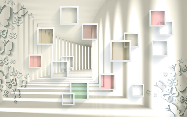 3d壁画插图背景。有广场和蝴蝶的隧道。装饰墙纸图片下载