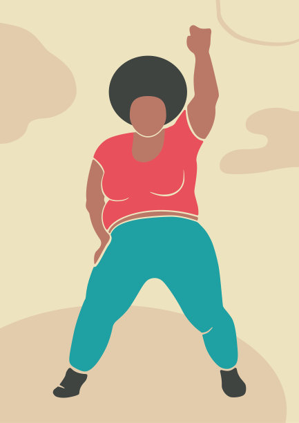 那个胖女人在跳舞。大码黑人女人举手。极简主义的明亮插图。图片下载