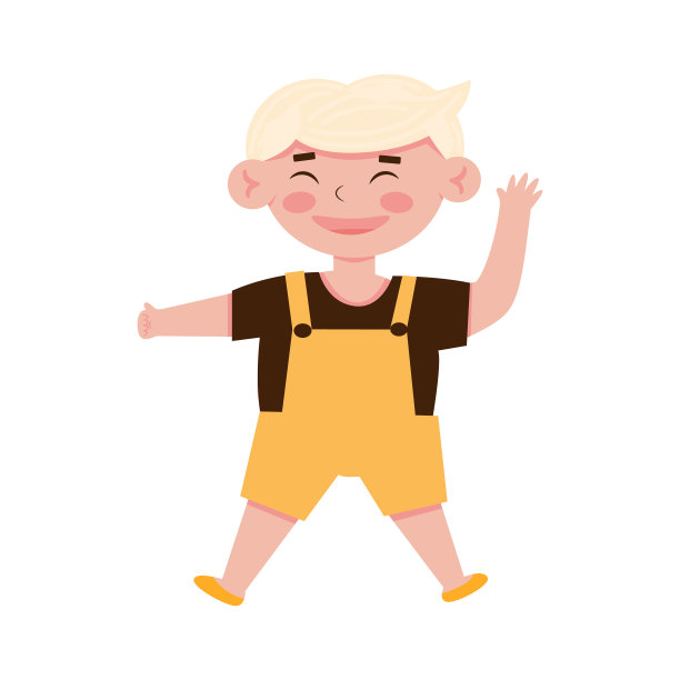 可爱的金发小男孩微笑着穿着棕色t恤跳。卡通矢量插图，孤立在一个白色图片下载