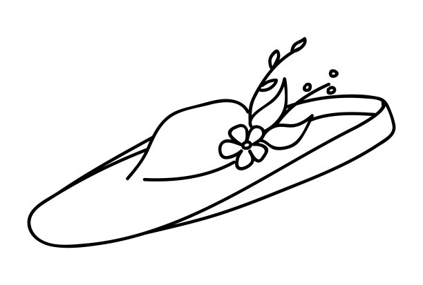 帽子与羽毛和花，妇女头饰矢量插图在轮廓的风格，为杂志设计，广告，报告，传单，商店，手绘的黑色和白色图标。图片下载