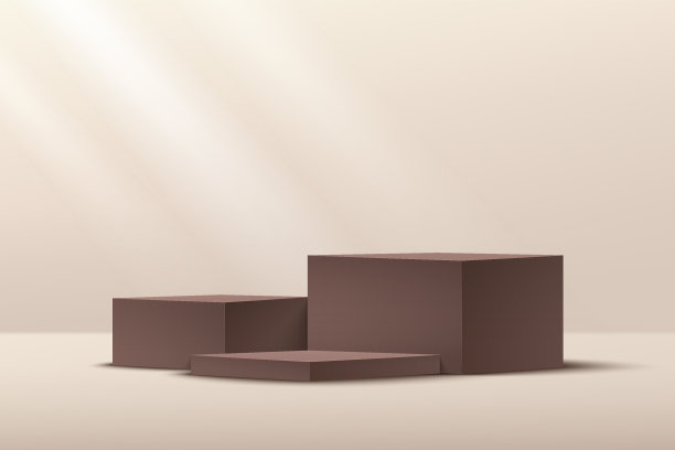 现代棕色立方体台阶讲台。浅棕色的墙壁场景。橱窗照明。摘要现代矢量绘制三维图形用于产品的展示展示。几何基座，简约风格。图片下载