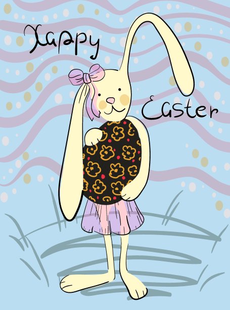 复活节贺卡风格简单。一只可爱的兔子穿着裙子，耳朵上戴着蝴蝶结，手里拿着一朵花里的黑色复活节彩蛋，旁边写着“复活节快乐”图片下载