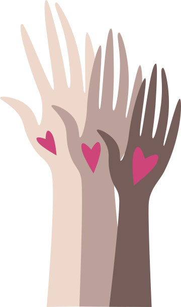 三个不同颜色的手掌举起来。每只手都有一颗心。种族主义，投票，选择和社会问题的话题。图片下载