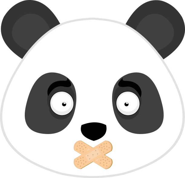 矢量表情插图卡通的熊猫的头与两个交叉的创可贴在他的嘴，沉默的概念图片下载