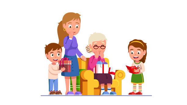 孩子们给惊喜的奶奶节日礼物。男孩，女孩赠送礼盒和给祖父母读问候。老奶奶的生日聚会。平面矢量字符插图图片下载