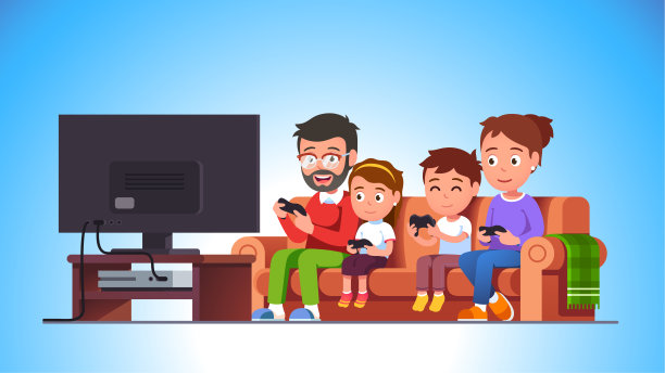 家人一起玩电子游戏。妈妈，爸爸，孩子们拿着游戏手柄坐在沙发上对着大电视屏幕玩游戏。家庭娱乐和乐趣平面矢量人物插图图片下载