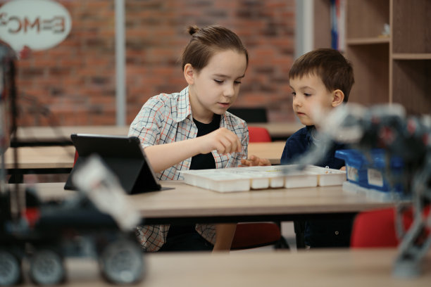 两个不同年龄的男孩在学校的机器人课堂上玩机器人玩具图片下载