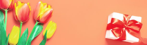 春花横幅-一束彩色的郁金香花在橙色的背景。复活节，母亲节模拟贺卡。恭贺或邀请卡与自由的文字空间。图片下载