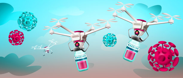 COVID-19冠状病毒疫苗。有创意的海报或传单。冠状病毒与四轴飞行器和疫苗在天空与云的背景。图片下载